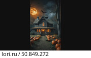 Terrible hunting house and Halloween Jack Lantern pumpkin in a scary forest with a dead tree. Frightening mood, bats, light in the windows, full moon, fog, twilight. Copy space. AI generated. Стоковое AI-видео, аниматор Ольга Симонова / Фотобанк Лори