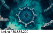 Submerged Octagonal Structure in Aqua Sea: Lost Temple Ruins, Top-Down View. Стоковое AI-изображение, AI-художник Данила Большаков / Фотобанк Лори