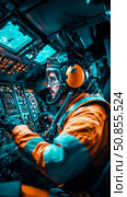 Cockpit Commander: pilot at controls of futuristic aircraft during mission, illuminated by a screen glow. For print, poster, card. Стоковое AI-изображение, AI-художник Данила Большаков / Фотобанк Лори