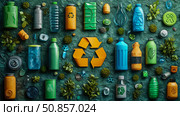 Eco-Friendly Materials: A Grouping of Colorful Recyclable Waste Products for a Greener Tomorrow. Стоковое AI-изображение, AI-художник Данила Большаков / Фотобанк Лори