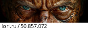Extreme close-up of intense blue eyes of dirty man, revealing resilience and hardship. Стоковое AI-изображение, AI-художник Данила Большаков / Фотобанк Лори