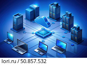 Cloud Server Network With Laptops and Data Connections. Generative AI. Стоковое AI-изображение, AI-художник Roman Zavorotny / Фотобанк Лори