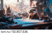 Concept: Otter Architect: An otter engrossed in blueprints, surrounded by tools in a sun-drenched studio. Стоковое AI-изображение, AI-художник Данила Большаков / Фотобанк Лори