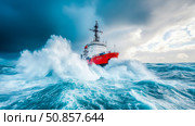 Courage on the High Seas: A Research Vessel Battling a Tempestuous Ocean. Стоковое AI-изображение, AI-художник Данила Большаков / Фотобанк Лори