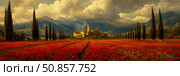 Tuscany's heart: Poppies and Cypresses embrace a hilltop Villa, a serene canvas invoking romance and tranquility in the Tuscan countryside. Стоковое AI-изображение, AI-художник Данила Большаков / Фотобанк Лори