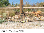 Tennis racket and ball by wooden fence. Стоковое фото, фотограф Татьяна Куклина / Фотобанк Лори