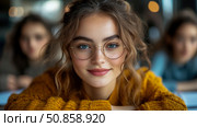 Enthralling portrait of serene woman with enchanting gaze, framed by classic glasses, conveying intelligence and warmth, for lifestyle print. Стоковое AI-изображение, AI-художник Данила Большаков / Фотобанк Лори