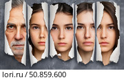 Progression of a woman's life: Torn paper reveals stages of a female from childhood to adulthood, concluding with an older man portraying aging. Стоковое AI-изображение, AI-художник Данила Большаков / Фотобанк Лори