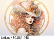 An elegant watercolor illustration of a woman with wavy red hair wearing a vintage hat with decorative elements. Her face expresses sophistication and mystery, and behind her there is a round ornament that emphasizes the central image. The painting is done in soft pastel colors, creating an atmosphere of retro and elegance. Perfect for fashion, art, portrait and art nouveau themes. Стоковое AI-изображение, AI-художник Анна Кривицкая / Фотобанк Лори