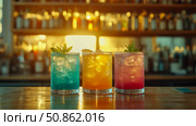 Refreshing Multicolor Drink Arrangement at Bar: Perfect for Summer, Events, Cocktail Menu Promo. Стоковое AI-изображение, AI-художник Данила Большаков / Фотобанк Лори