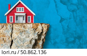 Precarious Abode: Conceptual risk of Real Estate bubble with Small House on Cliff Edge. Стоковое AI-изображение, AI-художник Данила Большаков / Фотобанк Лори