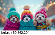 Festive Winter Puppies: A trio of snug canines bundled in colorful knitted hats and scarves, spreading warmth and joy in a snowy, holiday setting. Стоковое AI-изображение, AI-художник Данила Большаков / Фотобанк Лори