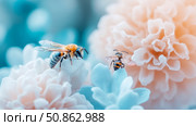 Pollination in Pastel: Two Bees on Flowers, a Springtime Concept for Greetings, Card, or Poster Celebrating Nature and the Beauty of Pollinators. Стоковое AI-изображение, AI-художник Данила Большаков / Фотобанк Лори