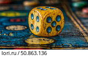 Chance encounter: A yellow die with blue dots rests on a blue board, suggesting games, gambling, and the roll of fate. Стоковое AI-изображение, AI-художник Данила Большаков / Фотобанк Лори