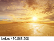 Scene of water landscape in the dunes of the Sahara Desert, Tatooine. Tunisia, Africa. Sunset or sunrise with beautifull clouds. (2016 год). Стоковое фото, фотограф Емельянов Евгений Викторович / Фотобанк Лори