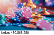 Gambling night concept: stacks of poker chips and roulette wheel, risking luck in a casino or gambling establishment for promotional material. Стоковое AI-изображение, AI-художник Данила Большаков / Фотобанк Лори