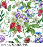 sweet peas and cornflowers flowers in a bouquet with ripe strawberries, buds and foliage, seamless. Стоковая иллюстрация, иллюстратор Екатерина Тимонова / Фотобанк Лори