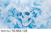 An abstract bone: An ethereal skull shrouded in icy cloud, a chilling ghostly apparition. Стоковое AI-изображение, AI-художник Данила Большаков / Фотобанк Лори