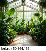 A lush indoor greenhouse filled with a variety of vibrant plants, including monsteras, fiddle-leaf figs, snake plants. Стоковое AI-изображение, AI-художник Iva Noel / Фотобанк Лори