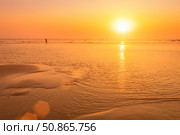A colorful sunset or sunrise on the seaside with a sandy beach with impurities of volcanic ash. Mandrem, Goa, India. (2018 год). Стоковое фото, фотограф Емельянов Евгений Викторович / Фотобанк Лори