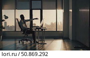 Backlit businessman concentrating while working on his laptop in modern office with cityscape view at sunset, creating a serene and productive work environment. Стоковое AI-видео, аниматор Данил Руденко / Фотобанк Лори