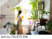 Woman in rubber gloves and apron manually washes window of house in bathroom with rag cleaner and mop inside interior with home plants. Restoring order and cleanliness, cleaning servise. Стоковое фото, фотограф Ольга Симонова / Фотобанк Лори