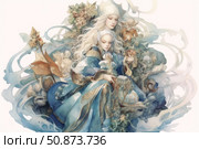 An elegant fantasy watercolor illustration depicting two fairy girls dressed as ice queens. Their images are wrapped in delicate flowers, leaves and curls, as if woven from the breath of winter and the magic of nature. A soft palette of blue, cream and gold shades gives the scene an atmosphere of tenderness, maternal care and magic. Ideal for decorating fairy tale books, postcards, textile design and decorative art. Стоковое AI-изображение, AI-художник Анна Кривицкая / Фотобанк Лори