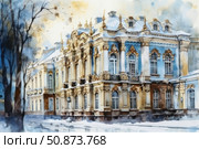 Watercolor image of a palace in a winter landscape, made in a classical artistic style. The magnificent building with blue facades, stucco and golden architectural elements is reminiscent of the Tsarist era and European Baroque. Snow cover, bare trees and soft winter lighting create an atmosphere of silence and grandeur. Perfect for themes of architecture, history, travel, art and seasonal postcards. Стоковое AI-изображение, AI-художник Анна Кривицкая / Фотобанк Лори