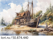 Watercolor illustration of an old wooden ship converted into a house and standing on the shore by the water. The painting conveys an atmosphere of solitude, adventure and abandonment. Ideal for decorating books, postcards, board games, posters and any projects in the style of fantasy, steampunk or rustic aesthetics. Стоковое AI-изображение, AI-художник Анна Кривицкая / Фотобанк Лори