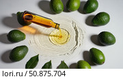 Oil is poured onto the transparent fluted surface, forming concentric circles. Whole avocados and green leaves are arranged around, creating a fresh and natural atmosphere with bright lighting. Стоковое AI-изображение, AI-художник Светлана  Громак / Фотобанк Лори
