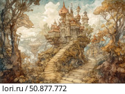 A fantastic castle on top of a hill, surrounded by a fairytale forest. A spiral staircase leads to a majestic building with carved turrets and graceful architecture. The painting is made in the style of a watercolor illustration with a soft color palette, creating an atmosphere of magic and comfort. Branchy trees, mosses and vines add depth and mystery. Ideal for decorating fairytale books, games, covers and interior prints. Стоковое AI-изображение, AI-художник Анна Кривицкая / Фотобанк Лори