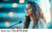 Confident Presenter: Woman at a podium delivering a speech. Стоковое AI-изображение, AI-художник Данила Большаков / Фотобанк Лори