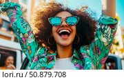 Summer Vibes: A Woman's Joyful Expression with Upraised Arms, Wearing Sunglasses and a Floral Jacket, Embracing Freedom. Стоковое AI-изображение, AI-художник Данила Большаков / Фотобанк Лори