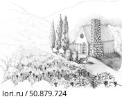 Landscape of a foreigner and a house in the mountains. Hand drawn with a pencil without a background. Graphic drawing. For food, wine packaging and cosmetics. Стоковая иллюстрация, иллюстратор Екатерина Тимонова / Фотобанк Лори