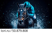 Aquatic Power: a horse race dynamic, displaying raw power and skill as rider and horse merge speed with splashy turquoise droplets. Стоковое AI-изображение, AI-художник Данила Большаков / Фотобанк Лори