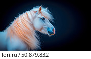Ethereal Equine: Majestic White Horse Portrait in Blue-Orange Light. Стоковое AI-изображение, AI-художник Данила Большаков / Фотобанк Лори