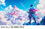 Heroic quest: A warrior stands atop a peak before a mountain castle, sword in hand, ready to face destiny. Стоковое AI-изображение, AI-художник Данила Большаков / Фотобанк Лори