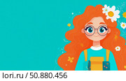 Illustration: Young Girl with Red Hair & Glasses, Perfect for Back-to-School Promotion or Educational Material. Стоковое AI-изображение, AI-художник Данила Большаков / Фотобанк Лори