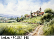 Picturesque tuscan village nestled in rolling hills. Стоковое AI-изображение, AI-художник Иван Рябоконь / Фотобанк Лори