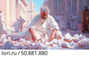 Scribes Quandary: moment of contemplation amidst scattered parchment in ancient city setting. Стоковое AI-изображение, AI-художник Данила Большаков / Фотобанк Лори