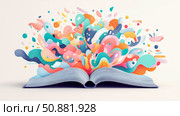 Concept: Imagination unleashed, an open book with colorful swirling elements. Стоковое AI-изображение, AI-художник Данила Большаков / Фотобанк Лори