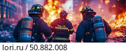 Courage Under Fire: Firefighter squad battles inferno, heroic frontline responders in blazing urban emergency scenario, design for awareness campaign. Стоковое AI-изображение, AI-художник Данила Большаков / Фотобанк Лори
