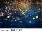 Golden particles falling on blue background creating bokeh effect. Стоковое AI-изображение, AI-художник Иван Рябоконь / Фотобанк Лори