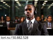 Businessman listening with headphones during a conference meeting. Стоковое AI-изображение, AI-художник Иван Рябоконь / Фотобанк Лори