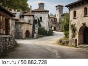 Exploring a quaint medieval village street scene. Стоковое AI-изображение, AI-художник Иван Рябоконь / Фотобанк Лори