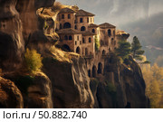 Vardzia cave monastery complex perched on cliffside in autumnal landscape. Стоковое AI-изображение, AI-художник Иван Рябоконь / Фотобанк Лори