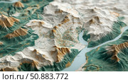 Elevated Map of Landscape with Mountains, River, City: Cartography, Topography Study for Geographical Survey and Exploration, Environmental Project. Стоковое AI-изображение, AI-художник Данила Большаков / Фотобанк Лори