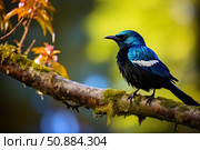 Turquoise and black plumage, a swainson's thrush perched on a mossy branch. Стоковое AI-изображение, AI-художник Иван Рябоконь / Фотобанк Лори