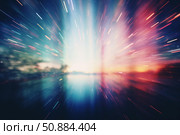 Light trails converging at horizon during sunset creating motion blur effect. Стоковое AI-изображение, AI-художник Иван Рябоконь / Фотобанк Лори