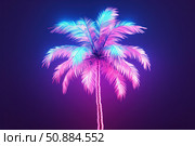 Glowing synthwave palm tree stands out against dark blue background. Стоковое AI-изображение, AI-художник Иван Рябоконь / Фотобанк Лори